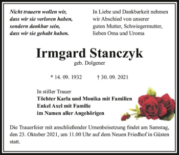 Traueranzeige von Irmgard Stanczyk (geb. Dolgener)  von Magdeburger Volksstimme