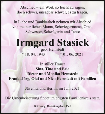 Traueranzeige von Irmgard Stasick (geb. Hemstedt)  von Magdeburger Volksstimme