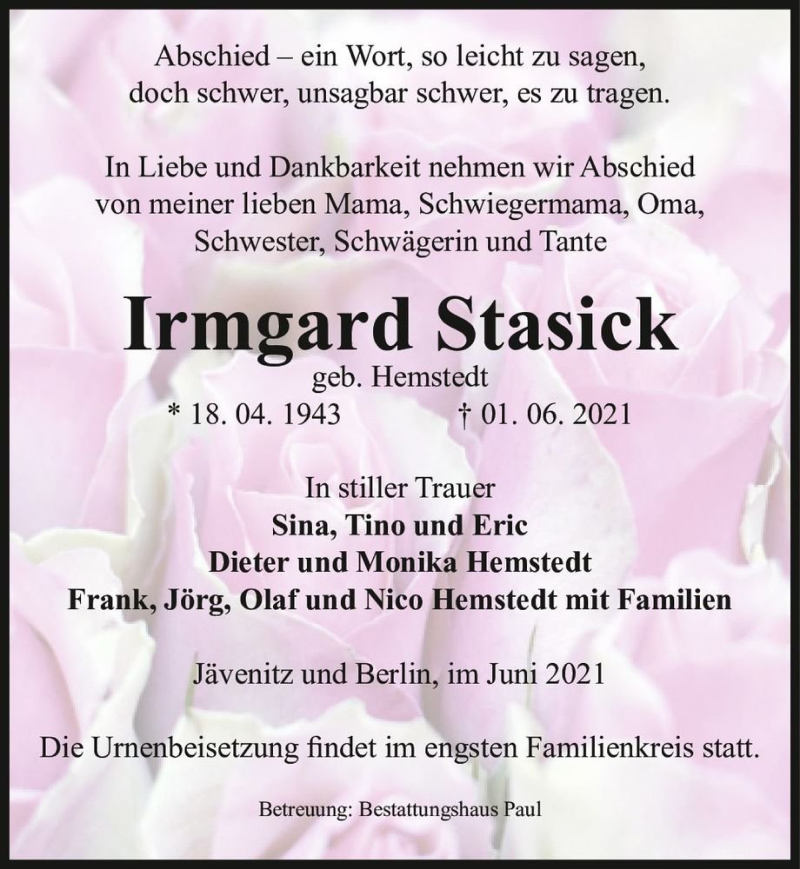  Traueranzeige für Irmgard Stasick (geb. Hemstedt)  vom 05.06.2021 aus Magdeburger Volksstimme