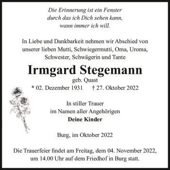 Traueranzeige von Irmgard Stegemann (geb. Quast)  von Magdeburger Volksstimme