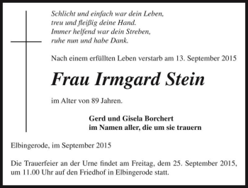 Traueranzeige von Irmgard Stein  von Magdeburger Volksstimme