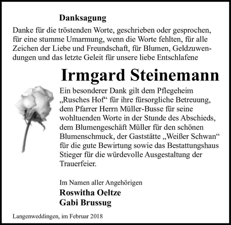  Traueranzeige für Irmgard Steinemann  vom 03.02.2018 aus Magdeburger Volksstimme