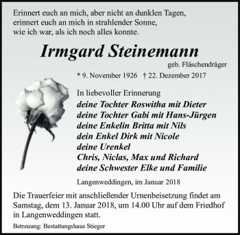 Traueranzeige von Irmgard Steinemann (geb. Fläschendräger)  von Magdeburger Volksstimme
