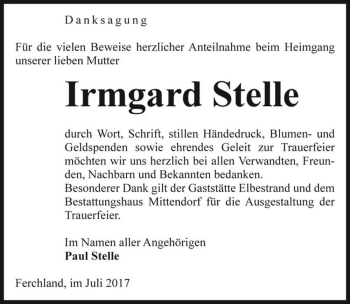 Traueranzeige von Irmgard Stelle  von Magdeburger Volksstimme