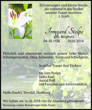 Traueranzeige von Irmgard Stolpe (geb. Bergholz)  von Magdeburger Volksstimme