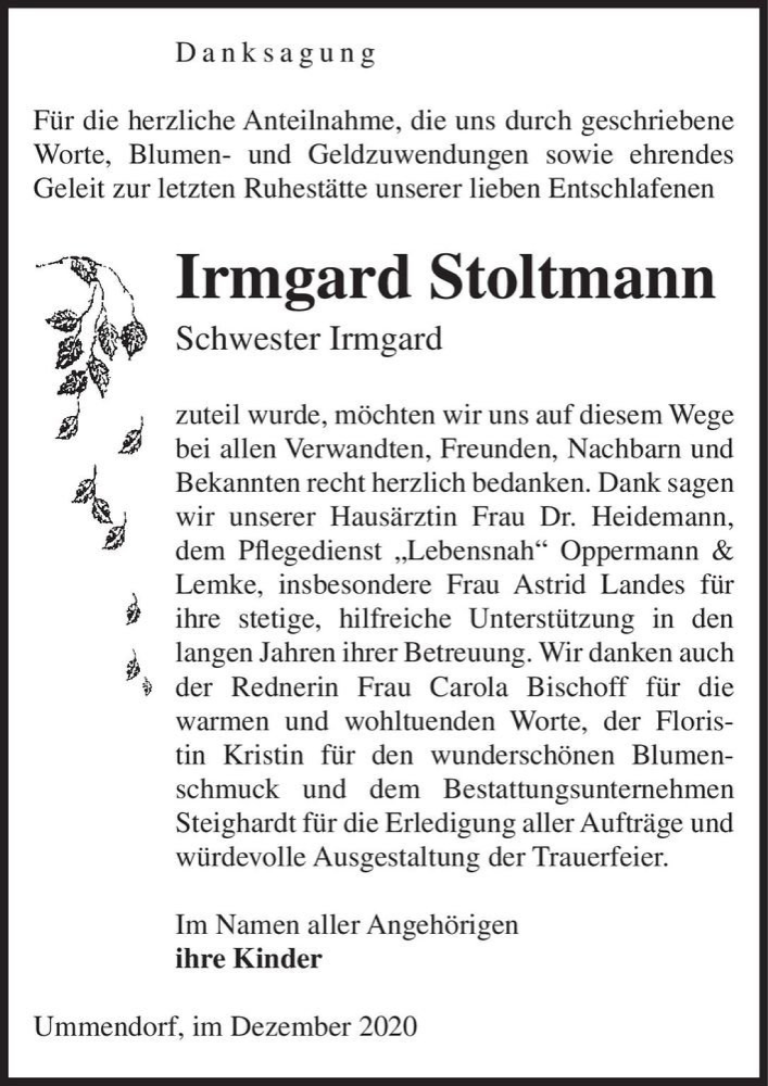  Traueranzeige für Irmgard Stoltmann  vom 04.01.2021 aus Magdeburger Volksstimme