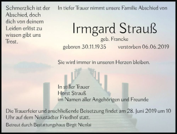 Traueranzeige von Irmgard Strauß (geb. Francke)  von Magdeburger Volksstimme