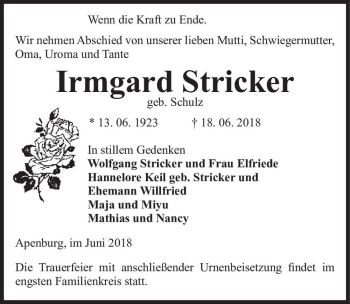 Traueranzeige von Irmgard Stricker (geb. Schulz)  von Magdeburger Volksstimme