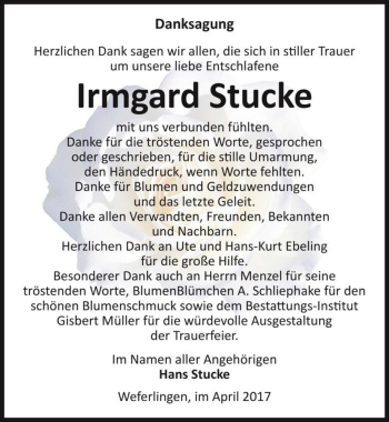 Traueranzeige von Irmgard Stucke  von Magdeburger Volksstimme