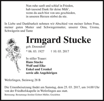 Traueranzeige von Irmgard Stucke (geb. Dorendorf)  von Magdeburger Volksstimme