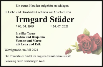 Traueranzeige von Irmgard Städer  von Magdeburger Volksstimme
