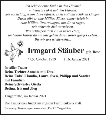 Traueranzeige von Irmgard Stäuber (geb. Rose)  von Magdeburger Volksstimme