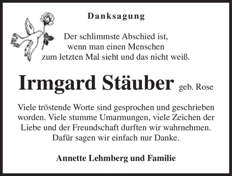  Traueranzeige für Irmgard Stäuber (geb. Rose)  vom 04.02.2021 aus Magdeburger Volksstimme
