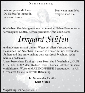 Traueranzeige von Irmgard Stüfen  von Magdeburger Volksstimme
