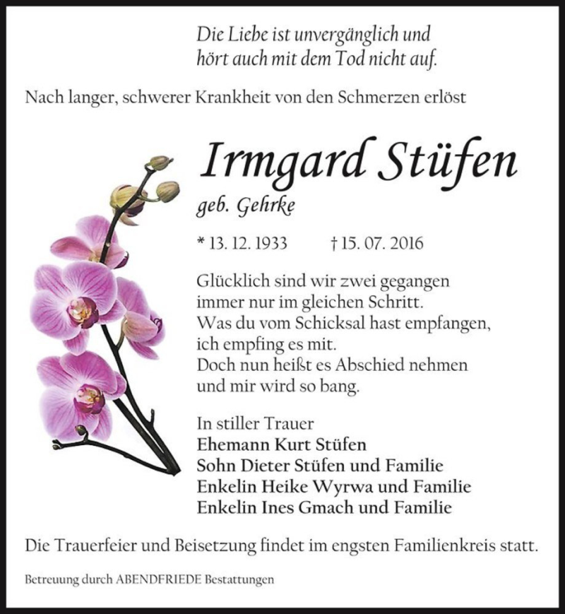  Traueranzeige für Irmgard Stüfen (geb. Gehrke)  vom 13.08.2016 aus Magdeburger Volksstimme