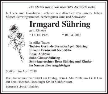 Traueranzeige von Irmgard Sühring (geb. Kürsten)  von Magdeburger Volksstimme