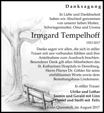 Traueranzeige von Irmgard Tempelhoff  von Magdeburger Volksstimme