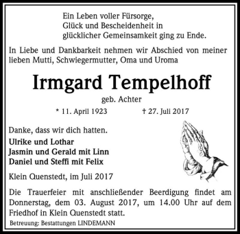 Traueranzeige von Irmgard Tempelhoff (geb. Achter)  von Magdeburger Volksstimme