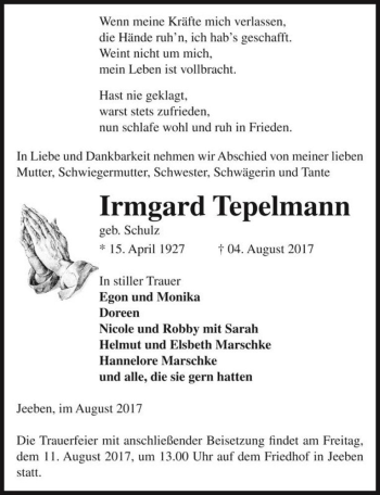 Traueranzeige von Irmgard Tepelmann (geb. Schulz)  von Magdeburger Volksstimme