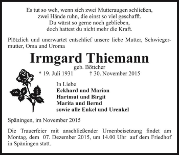 Traueranzeige von Irmgard Thiemann (geb. Böttcher)  von Magdeburger Volksstimme