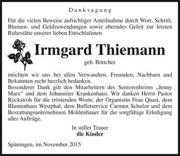 Traueranzeige von Irmgard Thiemann (geb. Böttcher)  von Magdeburger Volksstimme