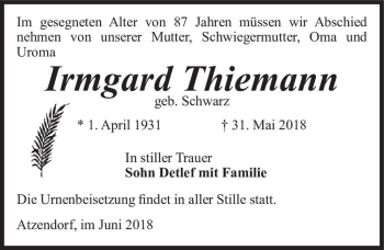 Traueranzeige von Irmgard Thiemann (geb. Schwarz)  von Magdeburger Volksstimme