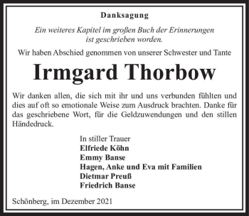Traueranzeige von Irmgard Thorbow  von Magdeburger Volksstimme