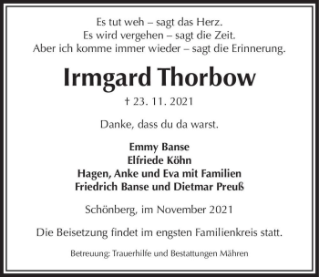 Traueranzeige von Irmgard Thorbow  von Magdeburger Volksstimme