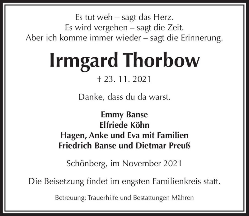  Traueranzeige für Irmgard Thorbow  vom 02.12.2021 aus Magdeburger Volksstimme