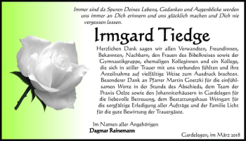 Traueranzeige von Irmgard Tiedge  von Magdeburger Volksstimme