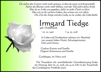Traueranzeige von Irmgard Tiedge (geb. Drebenstedt)  von Magdeburger Volksstimme