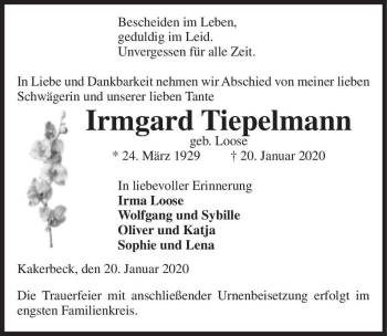 Traueranzeige von Irmgard Tiepelmann (geb. Loose)  von Magdeburger Volksstimme