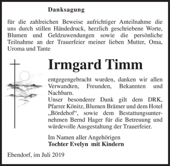 Traueranzeige von Irmgard Timm  von Magdeburger Volksstimme