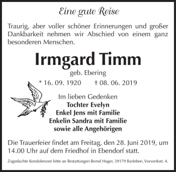 Traueranzeige von Irmgard Timm (geb. Ebering)  von Magdeburger Volksstimme