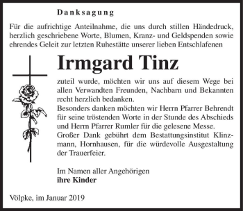 Traueranzeige von Irmgard Tinz  von Magdeburger Volksstimme
