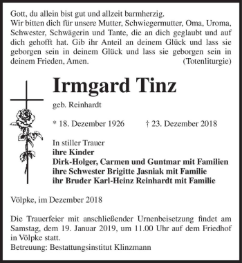 Traueranzeige von Irmgard Tinz (geb. Reinhardt)  von Magdeburger Volksstimme