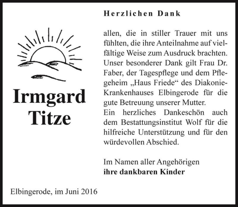  Traueranzeige für Irmgard Titze  vom 11.06.2016 aus Magdeburger Volksstimme