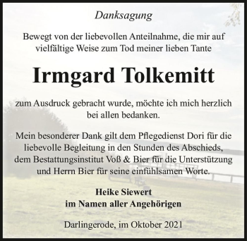 Traueranzeige von Irmgard Tolkemitt  von Magdeburger Volksstimme