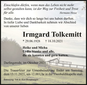 Traueranzeige von Irmgard Tolkemitt  von Magdeburger Volksstimme