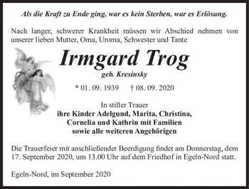 Traueranzeige von Irmgard Trog (geb. Kresinsky)  von Magdeburger Volksstimme
