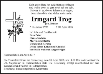 Traueranzeige von Irmgard Trog (geb. Küster)  von Magdeburger Volksstimme