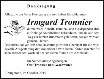Traueranzeige von Irmgard Tronnier  von Magdeburger Volksstimme