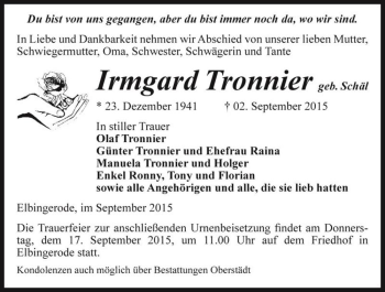 Traueranzeige von Irmgard Tronnier (geb. Schäl)  von Magdeburger Volksstimme