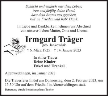Traueranzeige von Irmgard Träger (geb. Jankowiak)  von Magdeburger Volksstimme