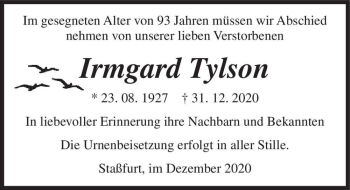 Traueranzeige von Irmgard Tylson  von Magdeburger Volksstimme