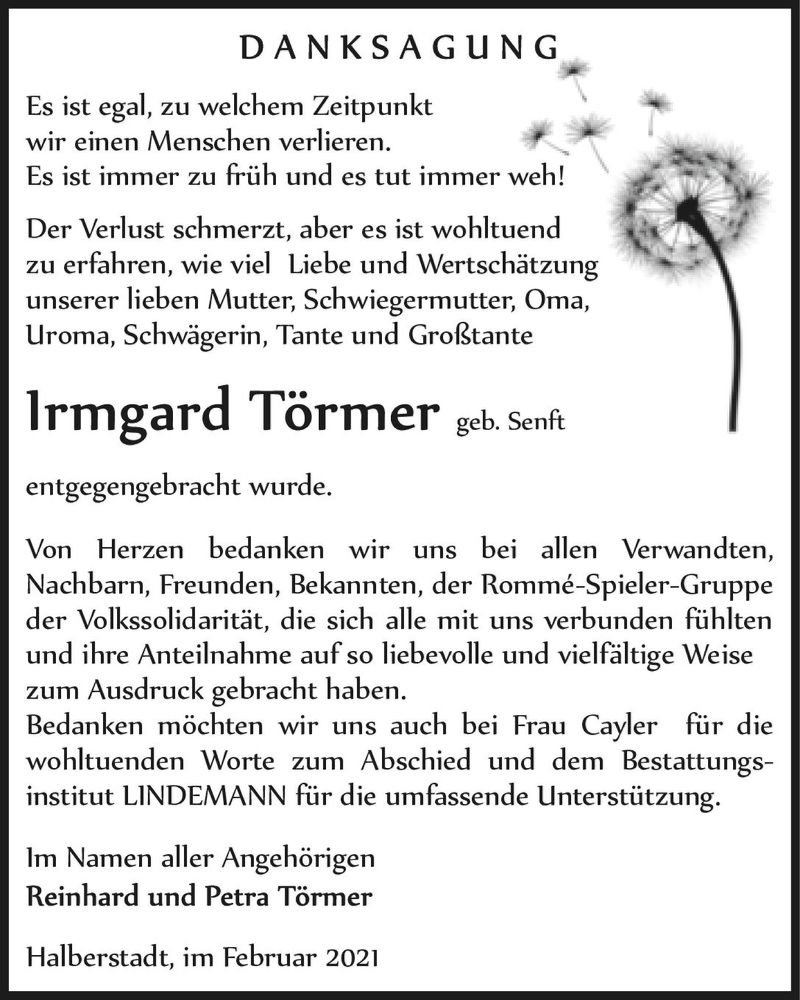  Traueranzeige für Irmgard Törmer (geb. Senft)  vom 13.02.2021 aus Magdeburger Volksstimme
