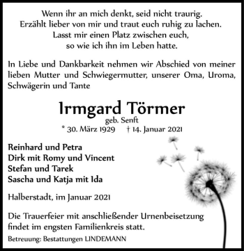 Traueranzeige von Irmgard Törmer (geb. Senft)  von Magdeburger Volksstimme