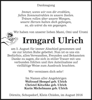 Traueranzeige von Irmgard Ulrich  von Magdeburger Volksstimme