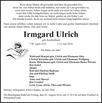 Traueranzeige von Irmgard Ulrich (geb. Kuchenbuch)  von Magdeburger Volksstimme