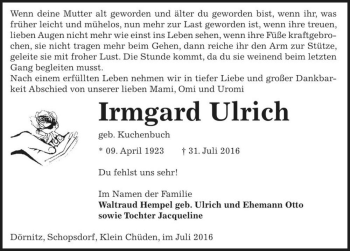 Traueranzeige von Irmgard Ulrich (geb. Kuchenbusch)  von Magdeburger Volksstimme